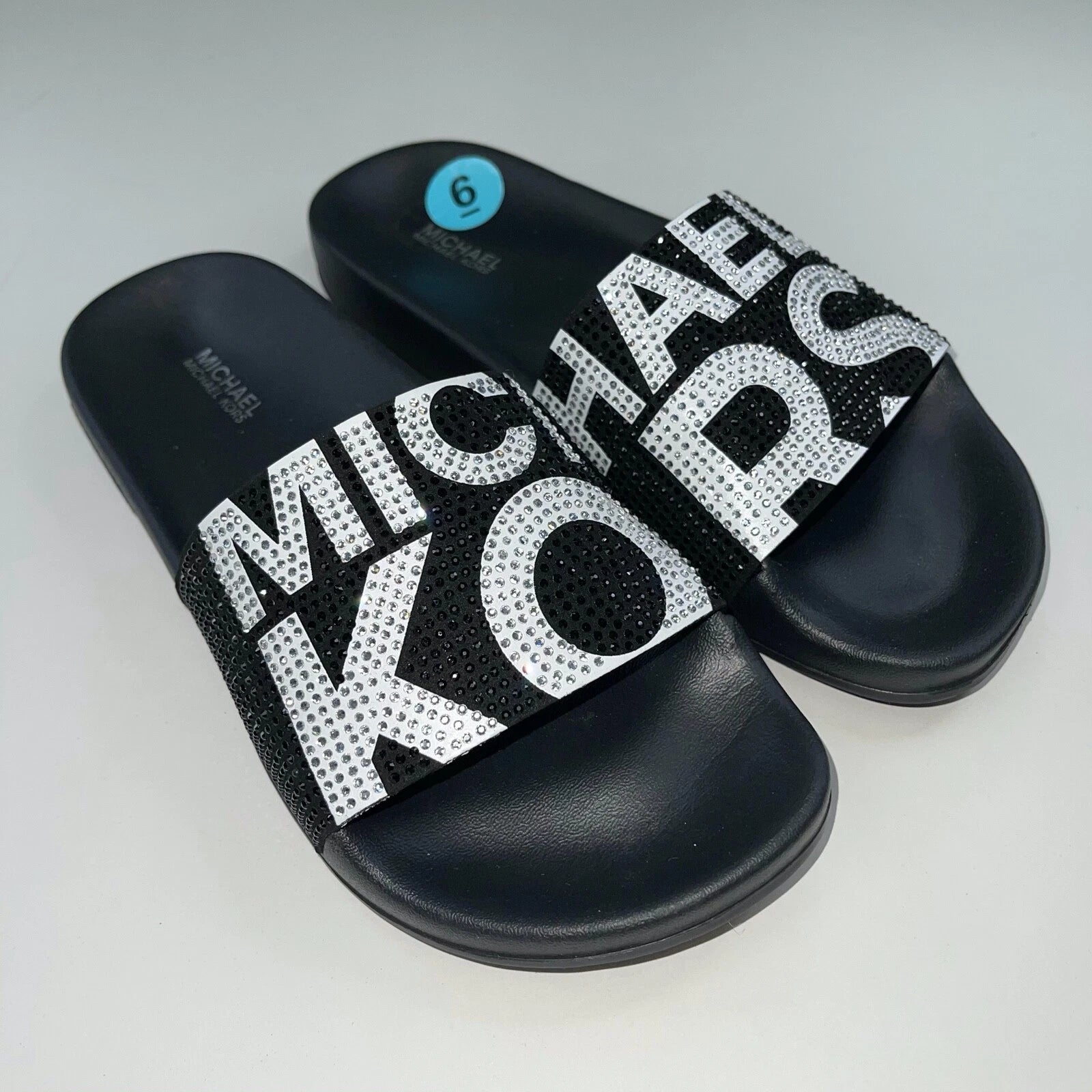 Michael Kors Slides Womens Rhinestones Rainbow Black Bling Sparkly Pride Gilmore