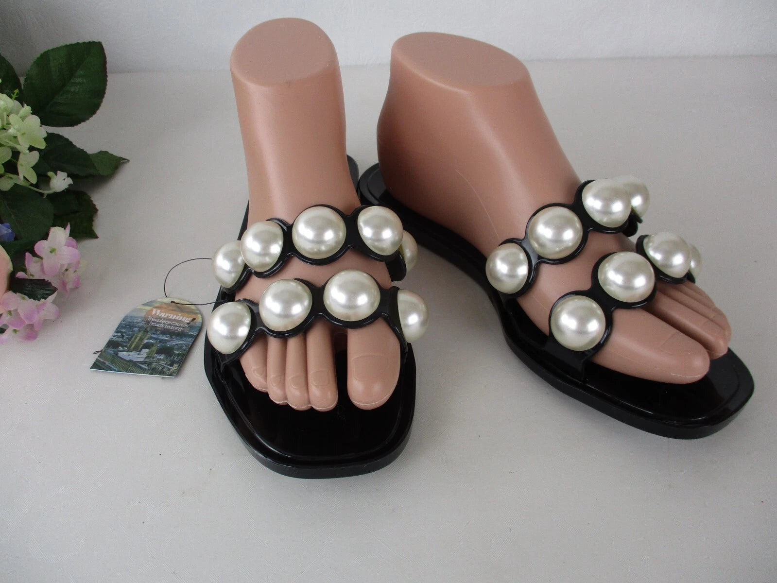 NWT London Rag Black Jelly & Faux Chunky Pearl Fashion Slide Sandals size 6 / 37