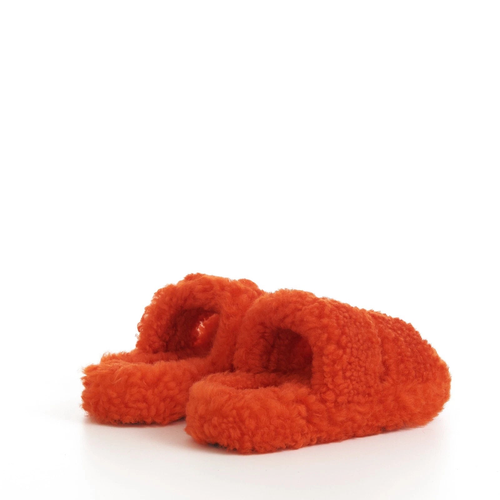 CELINE 730$ Fluffy Shearling Triomphe Fur Slide Sandals - Bright Orange, Patch