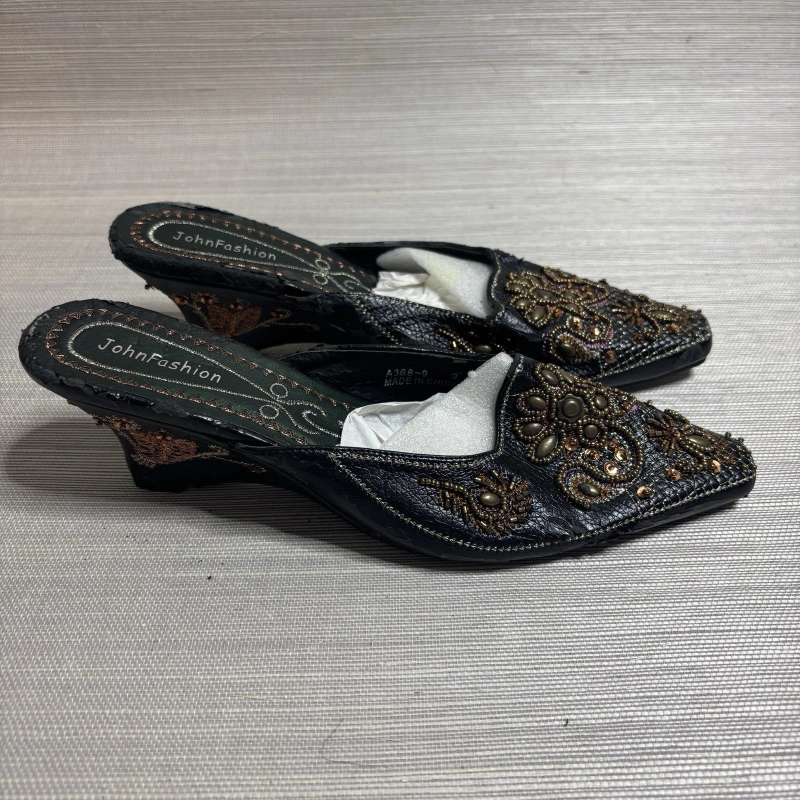 John Fashion Black Boho Beaded Sequin Slide Slip on Dress Shoes Size 9 NEW