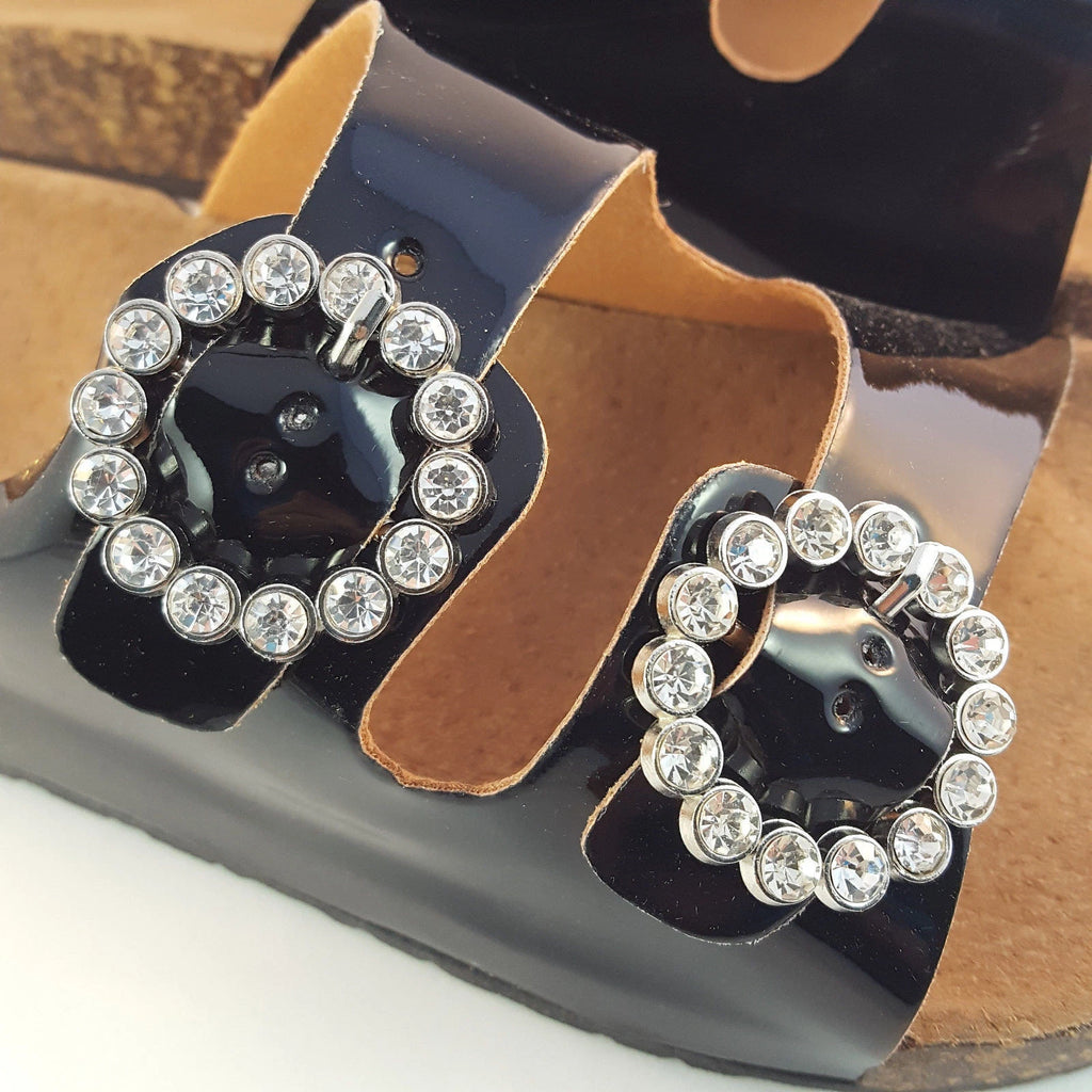 H2K KAREN STONE Buckle Ornament Black Fashion Slides Flip Flops Sandals Bling