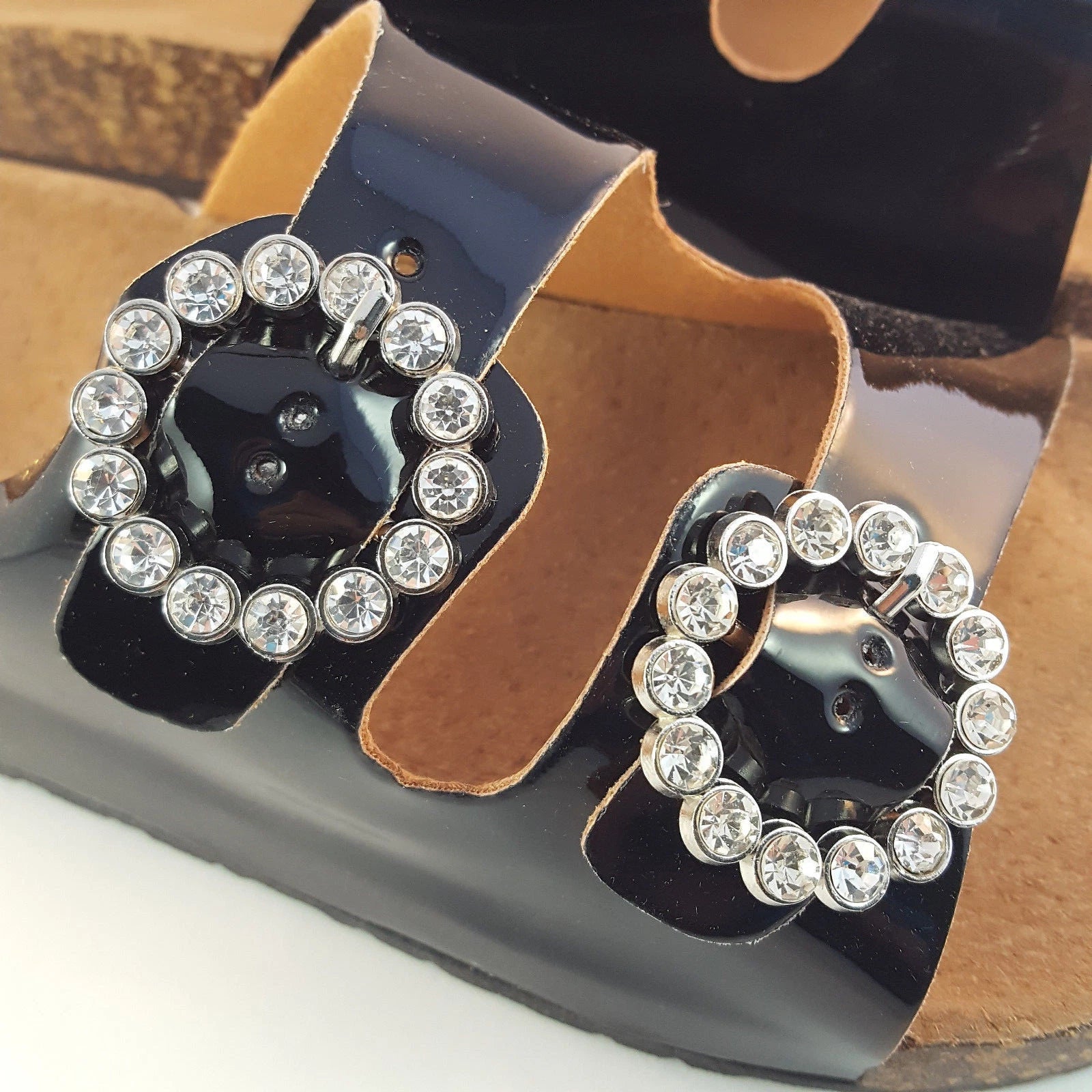 H2K KAREN STONE Buckle Ornament Black Fashion Slides Flip Flops Sandals Bling