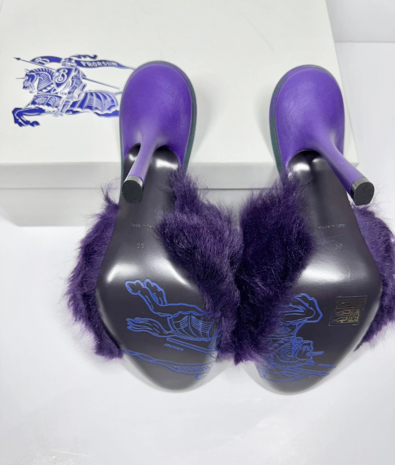 BURBERRY SANDALS MINNIE SHEARLING SLIDE PURPLE STILETTO HEEL WOMENS EU 39 US 9