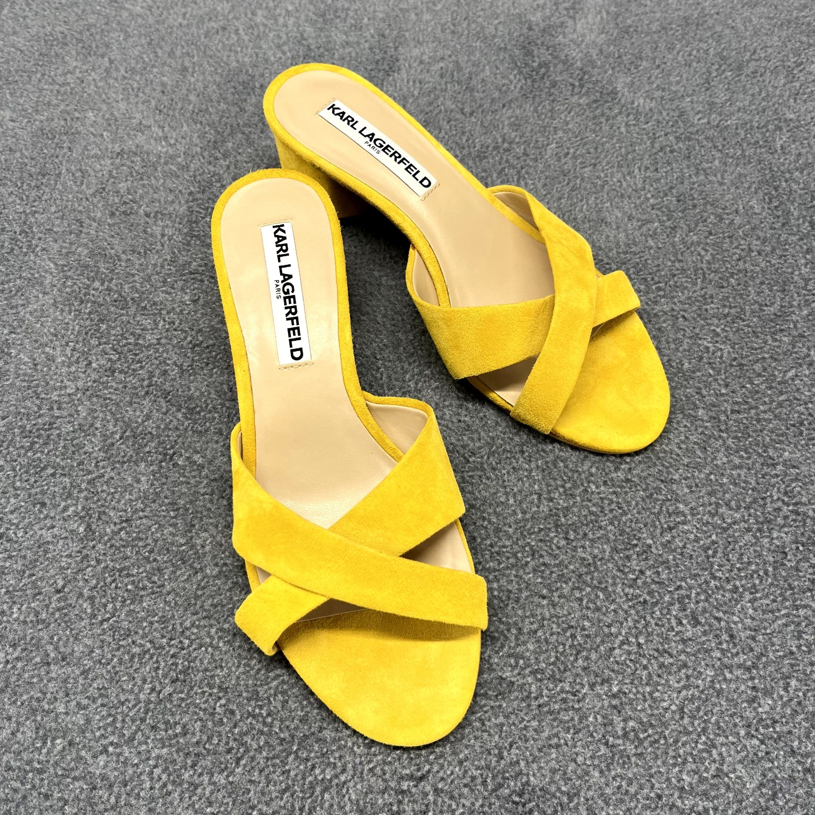 Karl Lagerfeld Sandals Women 7 M Yellow Suede Fawn Canary Slide 2" Block Heel