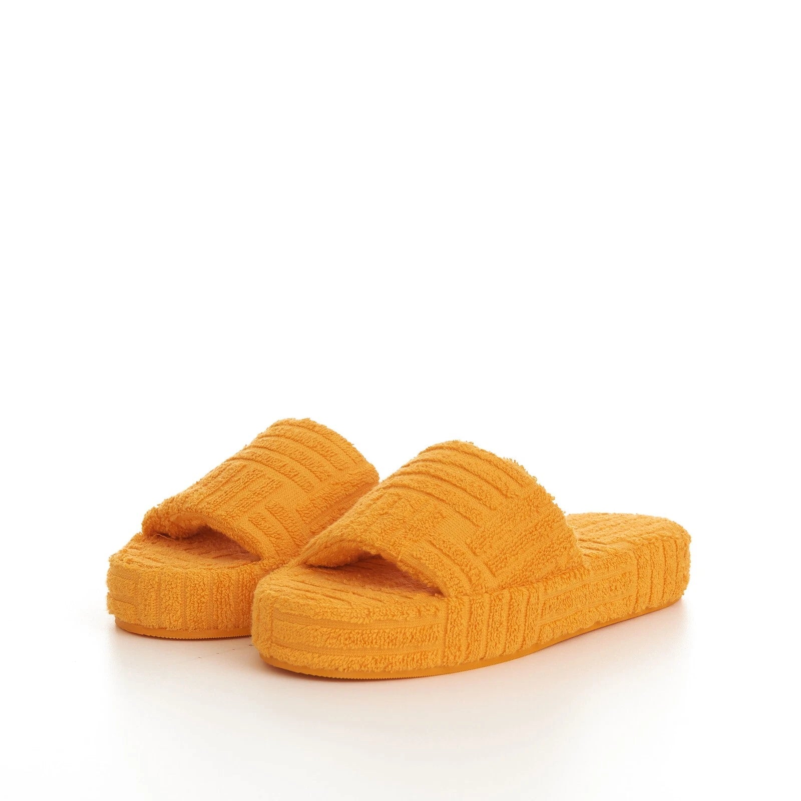 BOTTEGA VENETA 600$ Sponge Slide Sandals - Tangerine Orange Cotton & Rubber