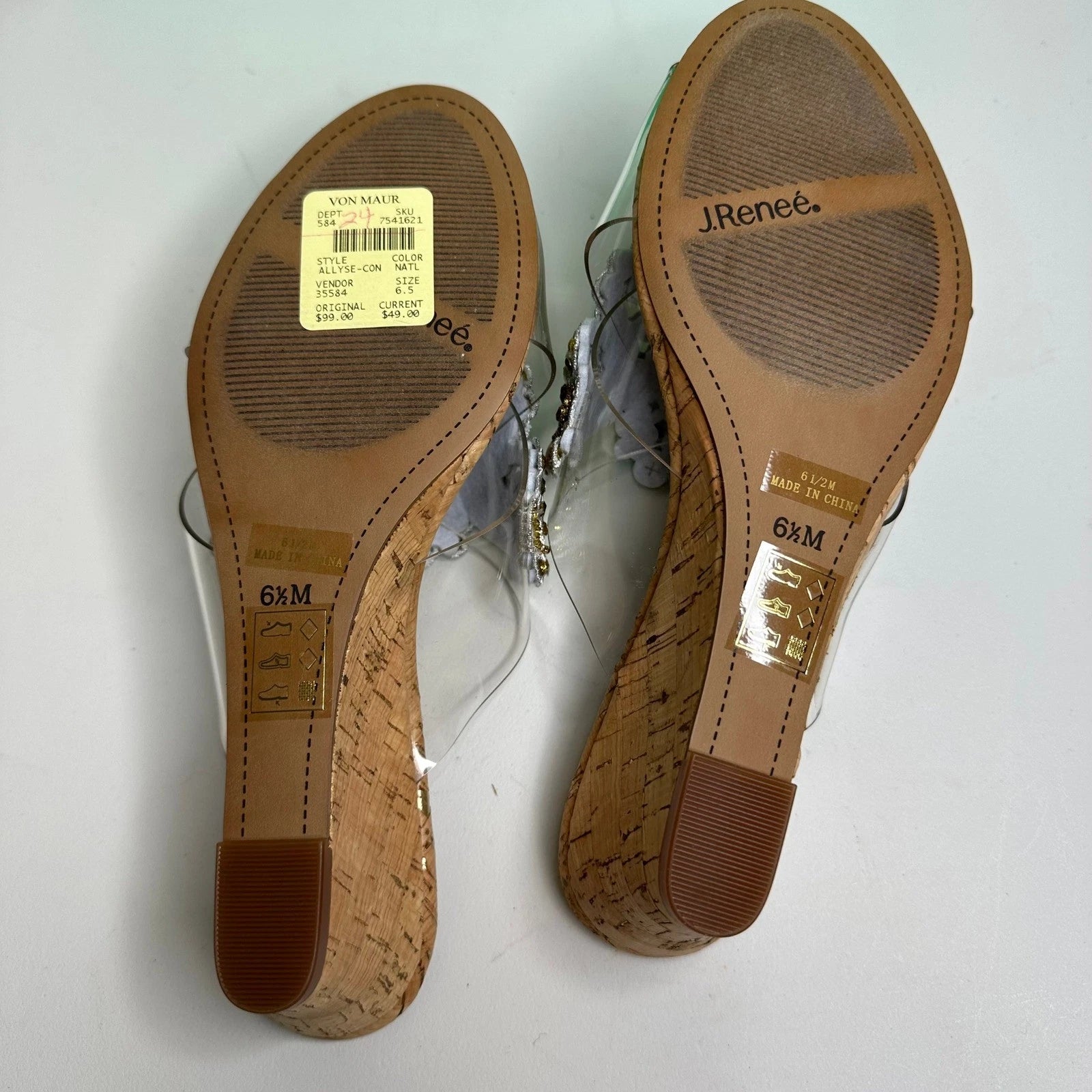 J. Renee Jeweled Cork Wedge Sandals Clear Straps Size 6.5M Party Evening