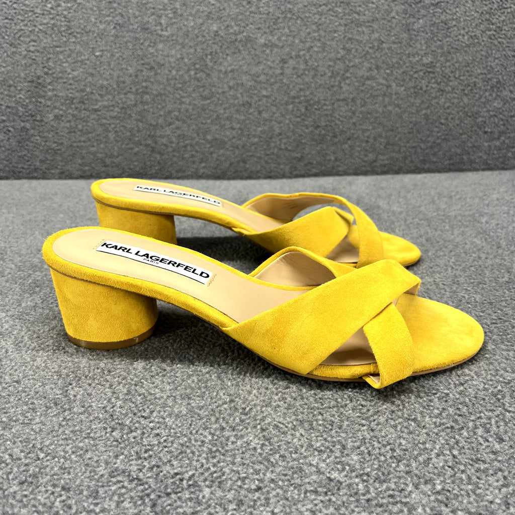 Karl Lagerfeld Sandals Women 7 M Yellow Suede Fawn Canary Slide 2" Block Heel