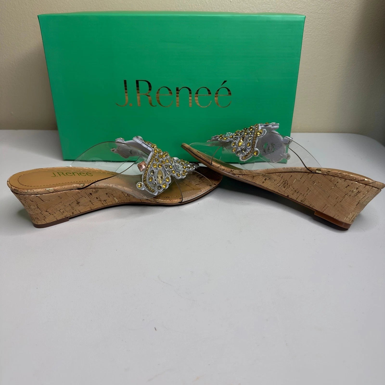 J. Renee Jeweled Cork Wedge Sandals Clear Straps Size 6.5M Party Evening
