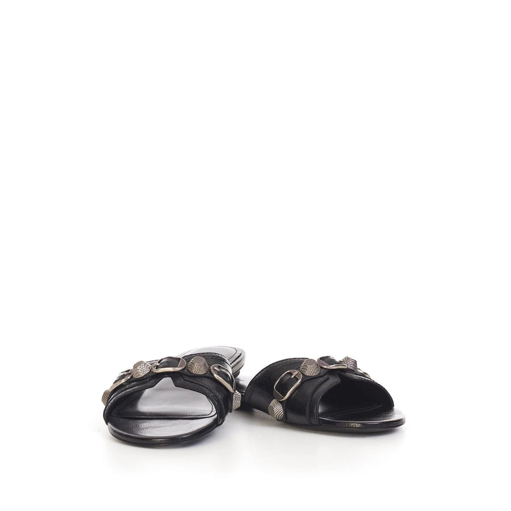 BALENCIAGA 750$ Cagole Slide Sandals - Arena, Studs, Black Leather