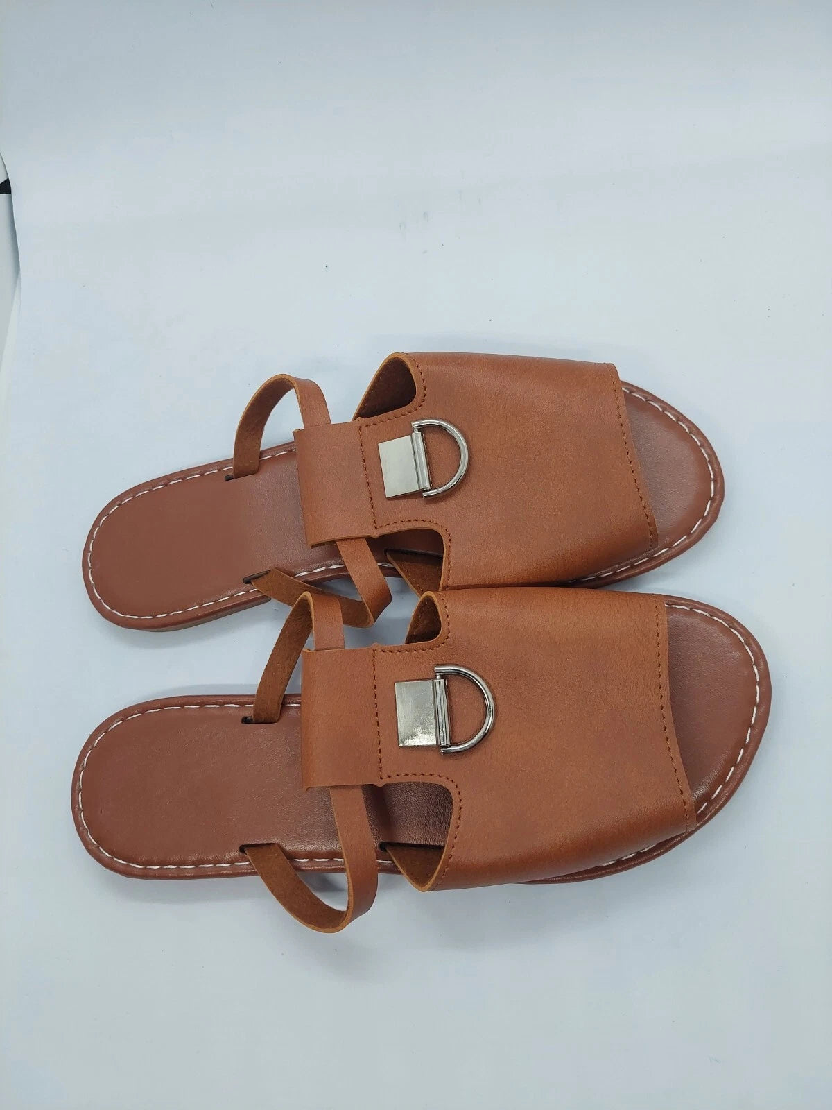 Women Sandals Metal Decor Cut Out Slide Fashionable Brown Flat Size 38 US 7