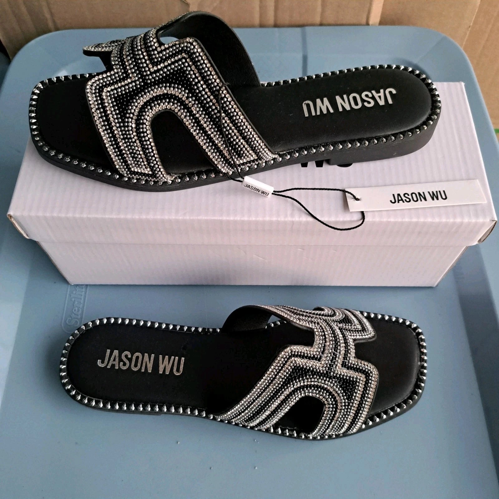 NEW Jason Wu Sandals Size 8 Black Silver Embellished Casual Slip On Slides Randi