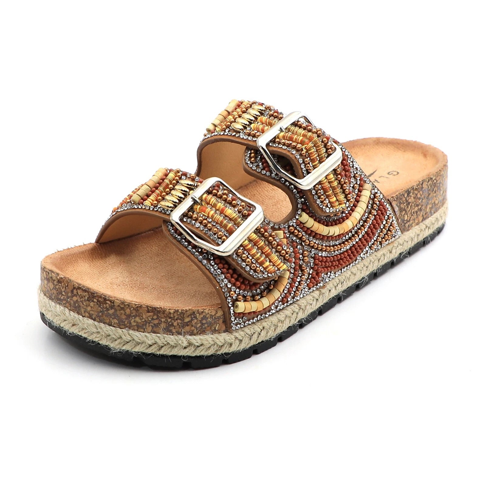 Glaze Women's Beaded Rhinestone Sandal Buckle Cork Footbed Slides Bohemian Style