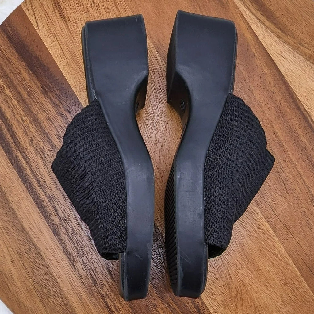 Fanfares Mule Slides Sandals 8 Black Square Toe Stretch Fabric Retro Popular 90s