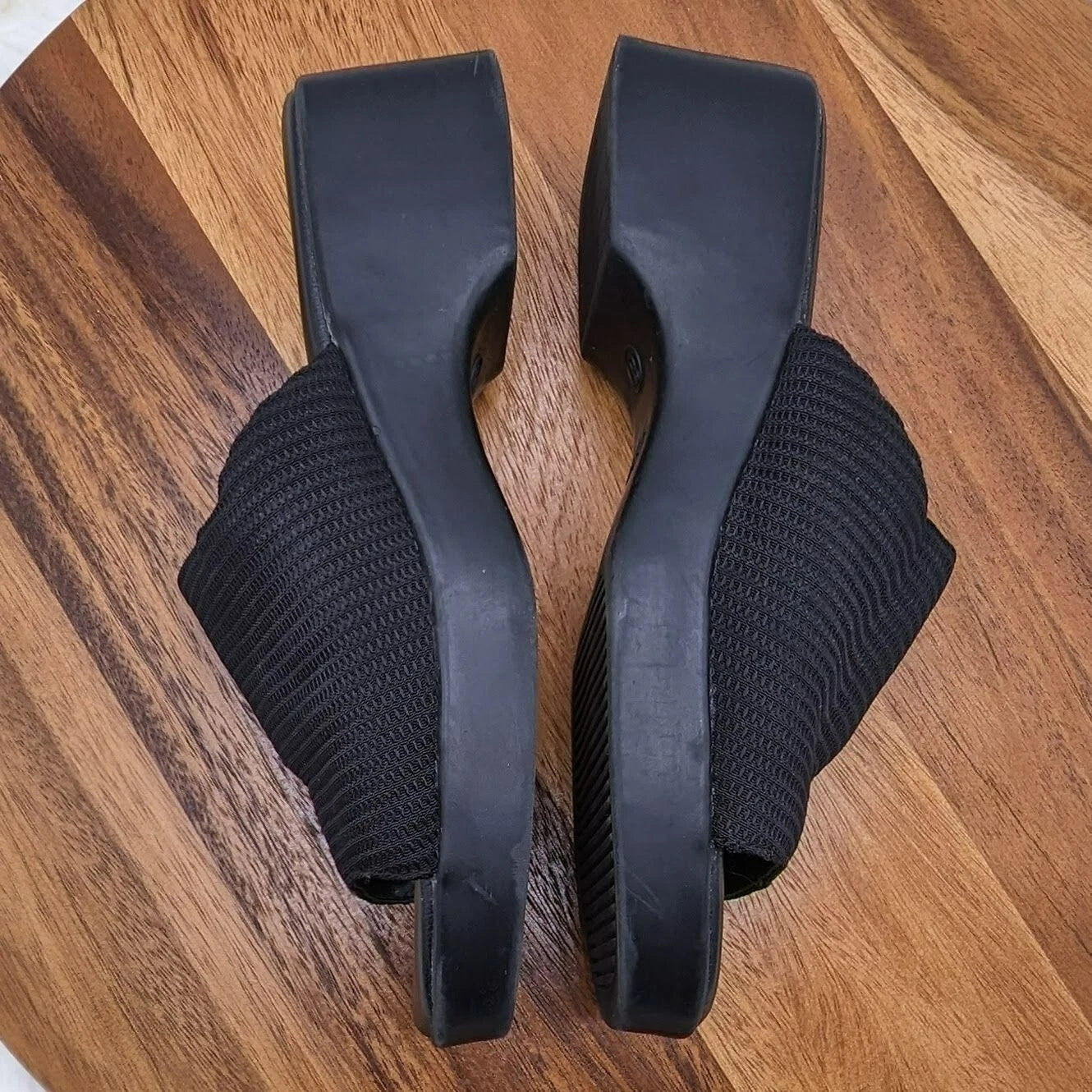 Fanfares Mule Slides Sandals 8 Black Square Toe Stretch Fabric Retro Popular 90s