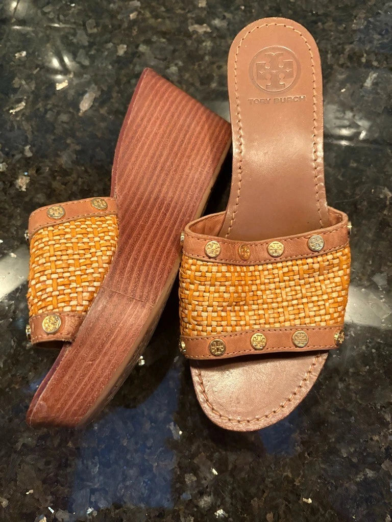Tori Burch Summer Straw and Leather Wedge
