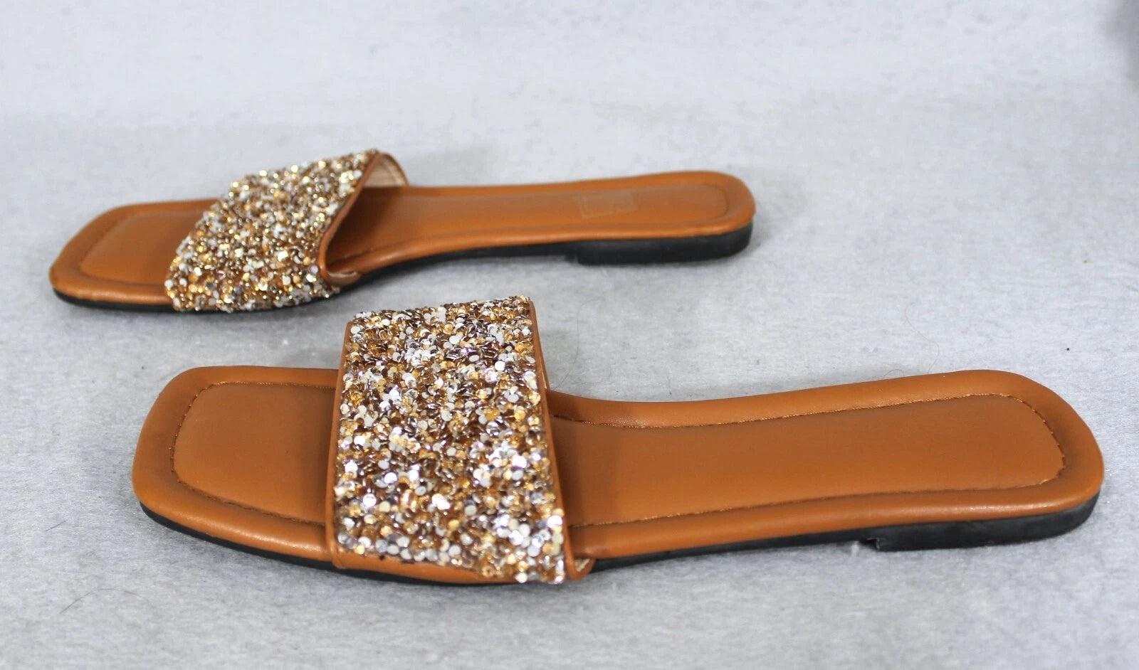 Women's Sandal Slip On Beach Fashion Slides Sq. Toe Rhinestone Sequins 41 9-9.5