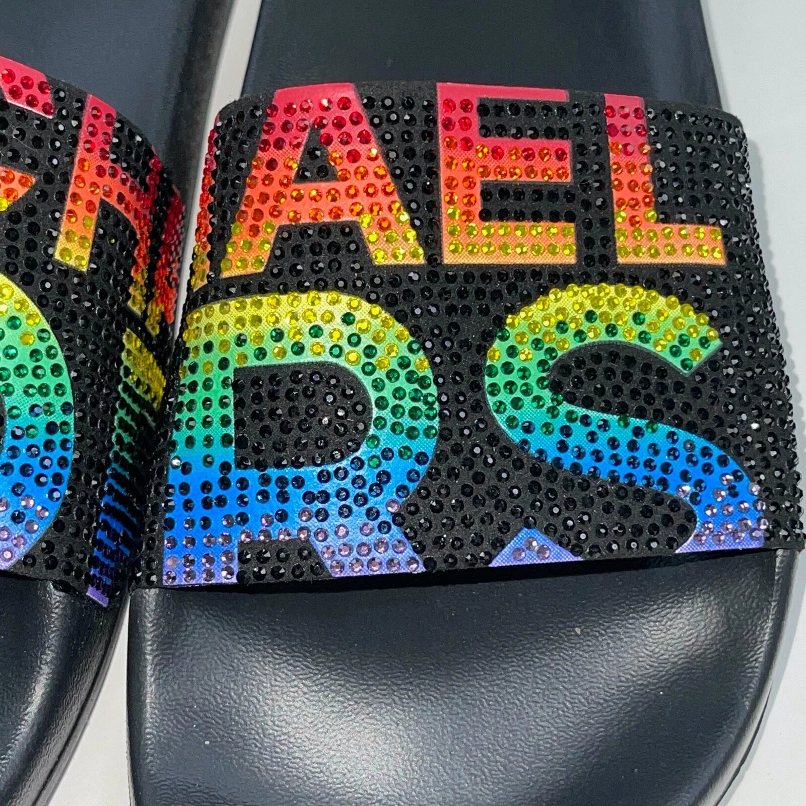 Michael Kors Slides Womens Rhinestones Rainbow Black Bling Sparkly Pride Gilmore