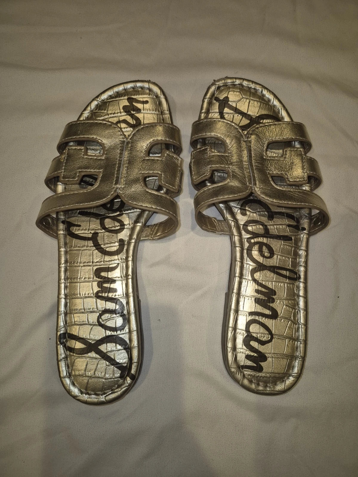 Sam Edelman Bay Slide Sandals Metallic Light Gold Leaf Leather Women’s 5.5