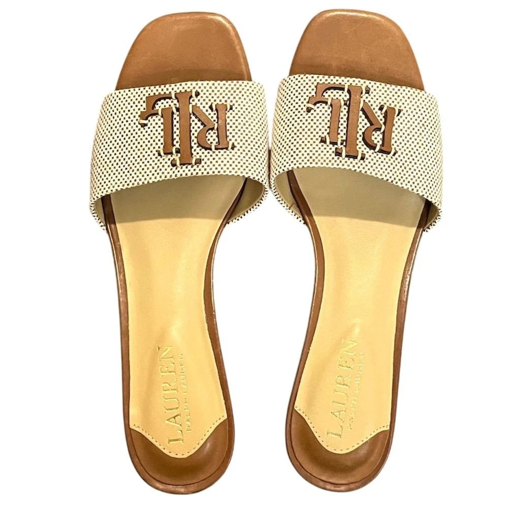 Lauren Ralph Lauren Women's Fay Leather Slide Sandals Brown 6 Preppy Summer