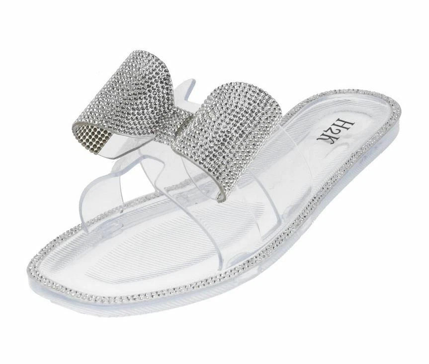 H2K Lucia Silver Fashion Jelly Slides Flip Flops Bow Sandals Bling Open Toe New