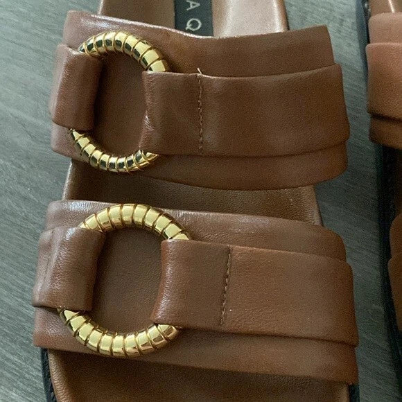 Aqua Bloomingdales Leather Arizona Style Slides Womens 6.5 Brown Gold Black $128