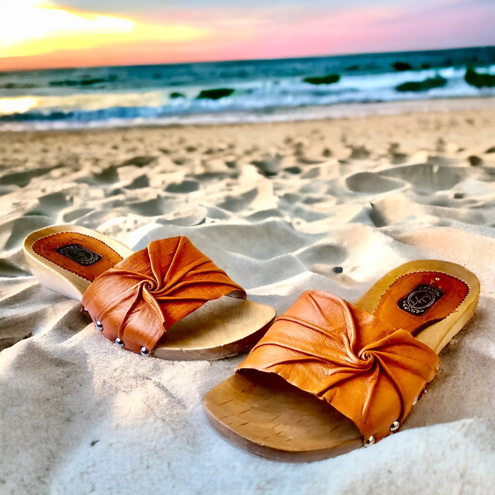 SALPY Handmade Shoes Orange Leather Wooden Mule Style Anna Womens size 7