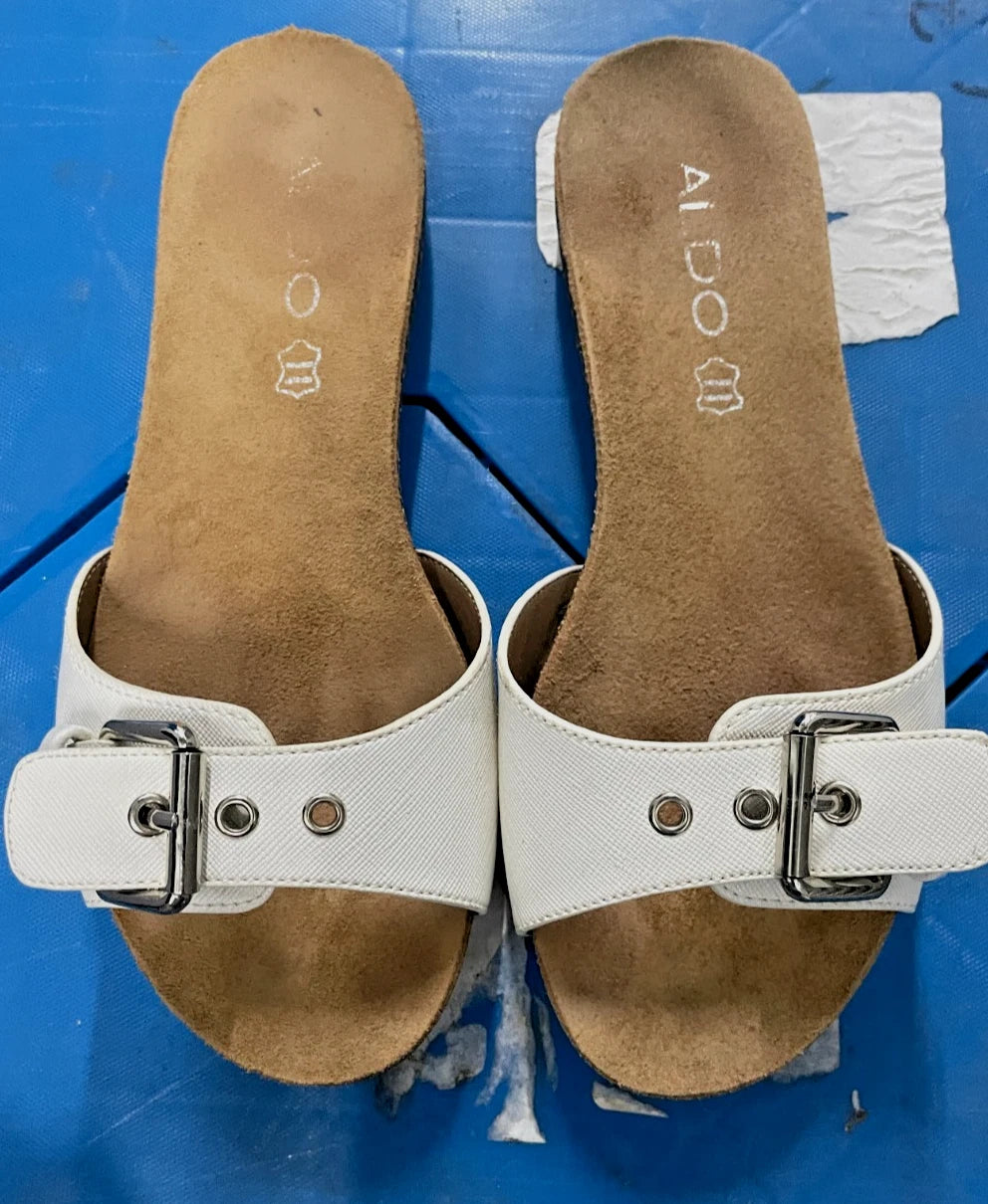 Aldo Aloha-70 Slide Cork Adjustable White Strap Slip On Flat Sandals Size US 5
