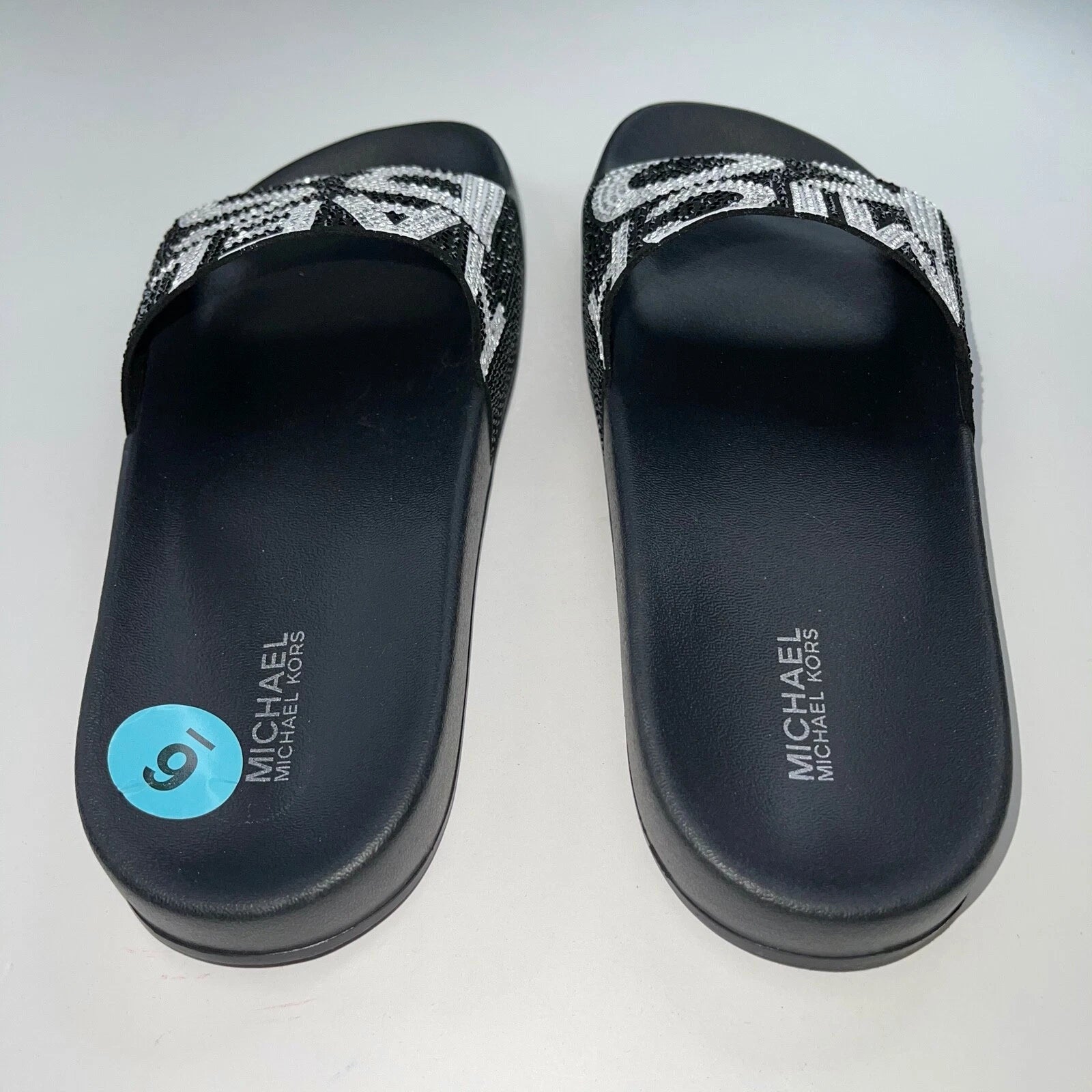 Michael Kors Slides Womens Rhinestones Rainbow Black Bling Sparkly Pride Gilmore