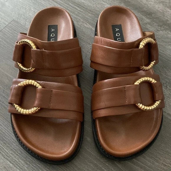 Aqua Bloomingdales Leather Arizona Style Slides Womens 6.5 Brown Gold Black $128