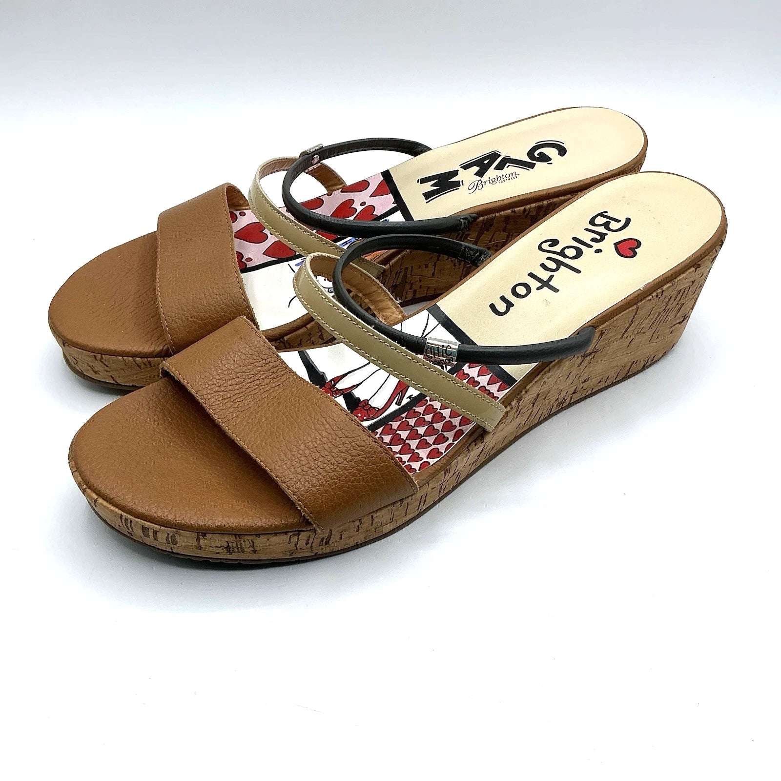 Brighton HARPER Sz 10 Slip On Slides Cork Wedge Sandal Brown Chic Fashion Glam