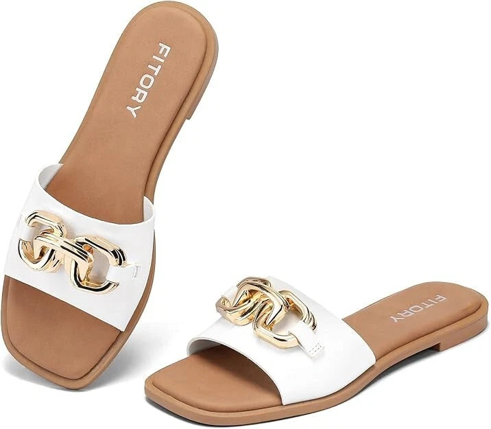 Women Flat Sandals Fashion Slides With Soft Leather Slippers for Summer Size 10
