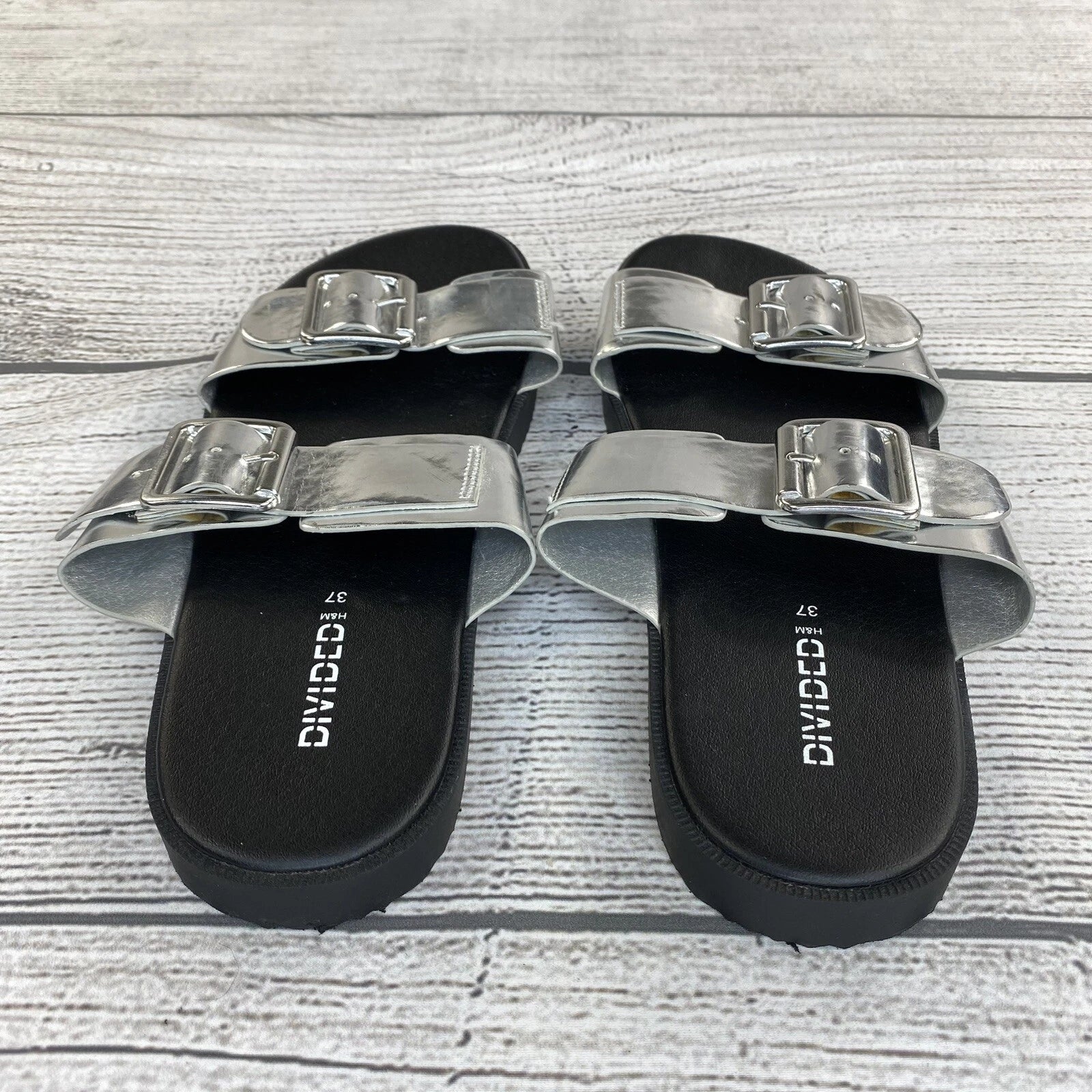 H&M Divided Slide Sandals Women Size 6.5 / 7 Buckle Silver Slip On Shoes NEW
