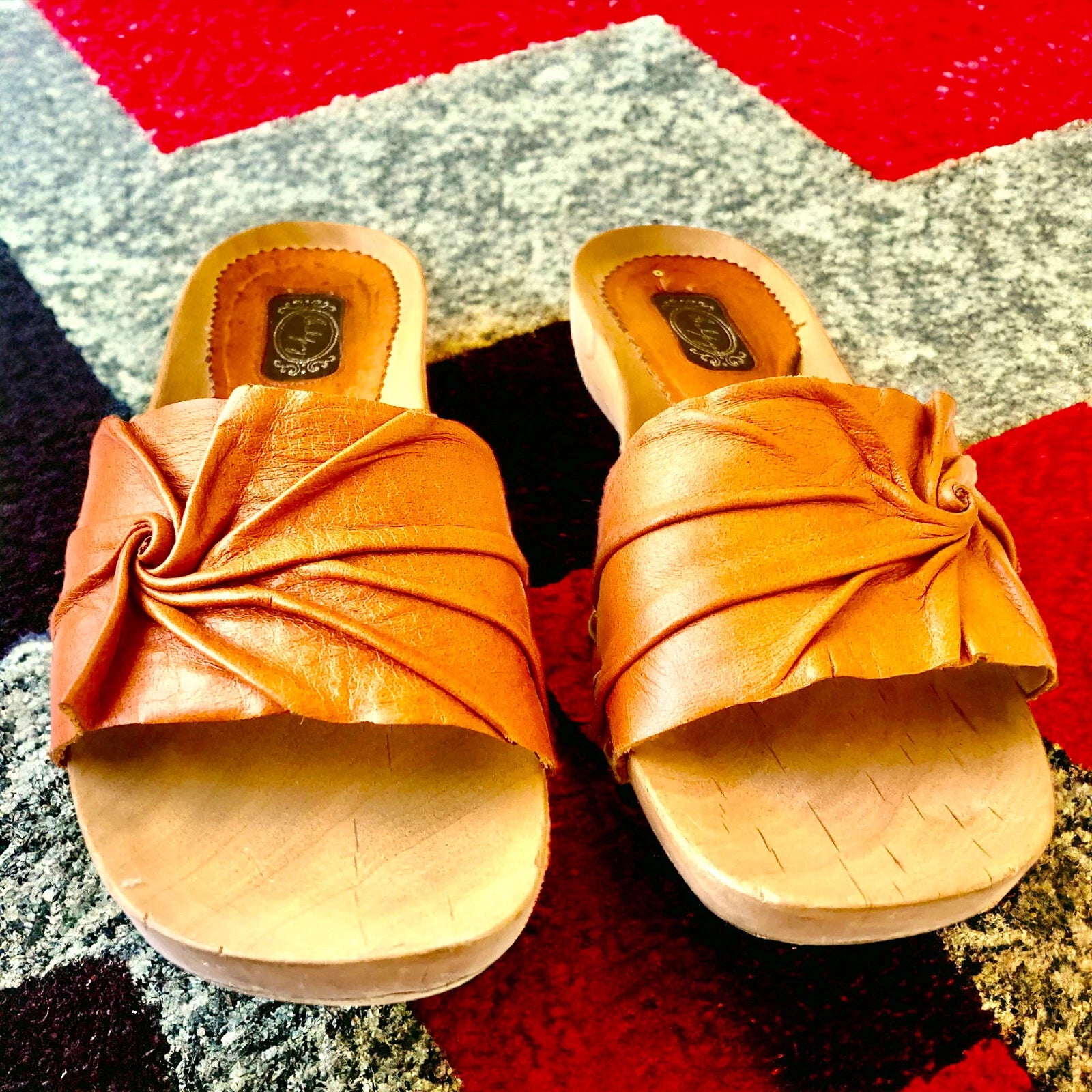 SALPY Handmade Shoes Orange Leather Wooden Mule Style Anna Womens size 7