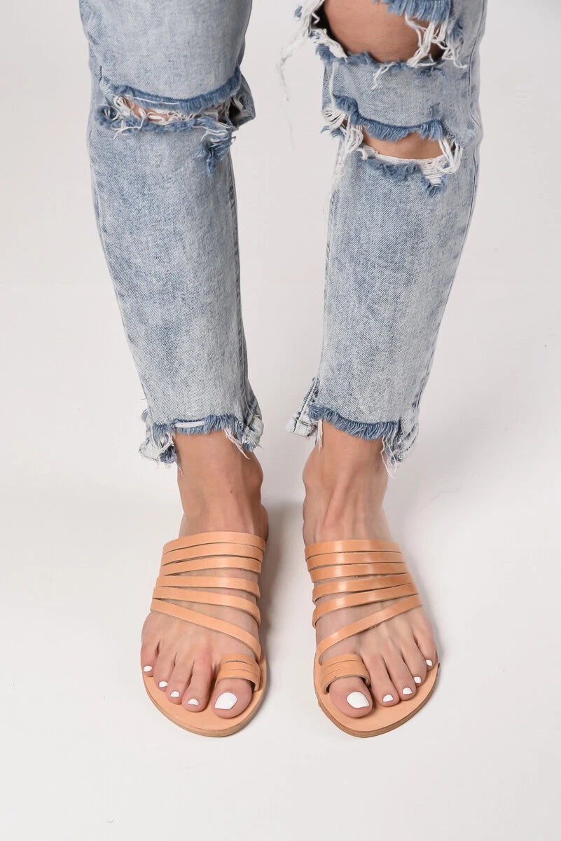 Ancient Greek style real natural leather sandals handmade slide strappy thong