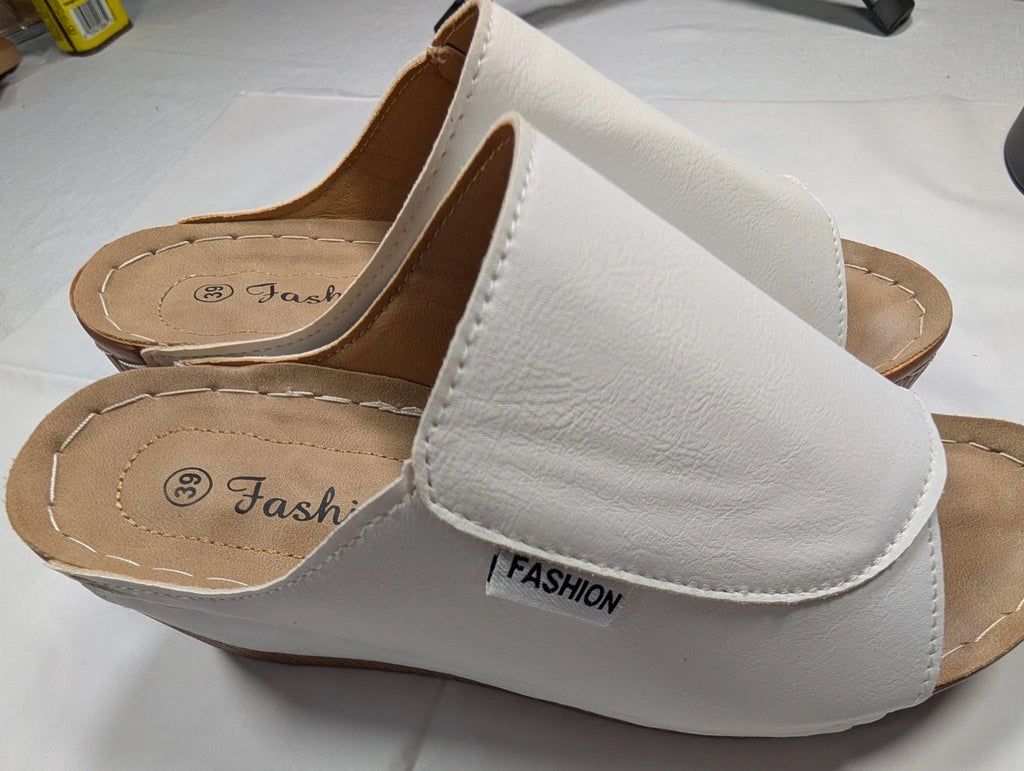 Fashion - Women's Wedge slide  White Leather Upper Sandal  2 1/2 in  size 39
