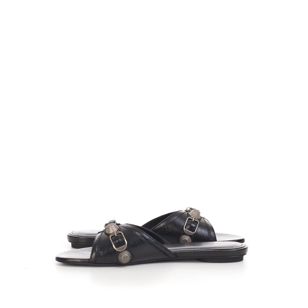 BALENCIAGA 750$ Cagole Slide Sandals - Arena, Studs, Black Leather