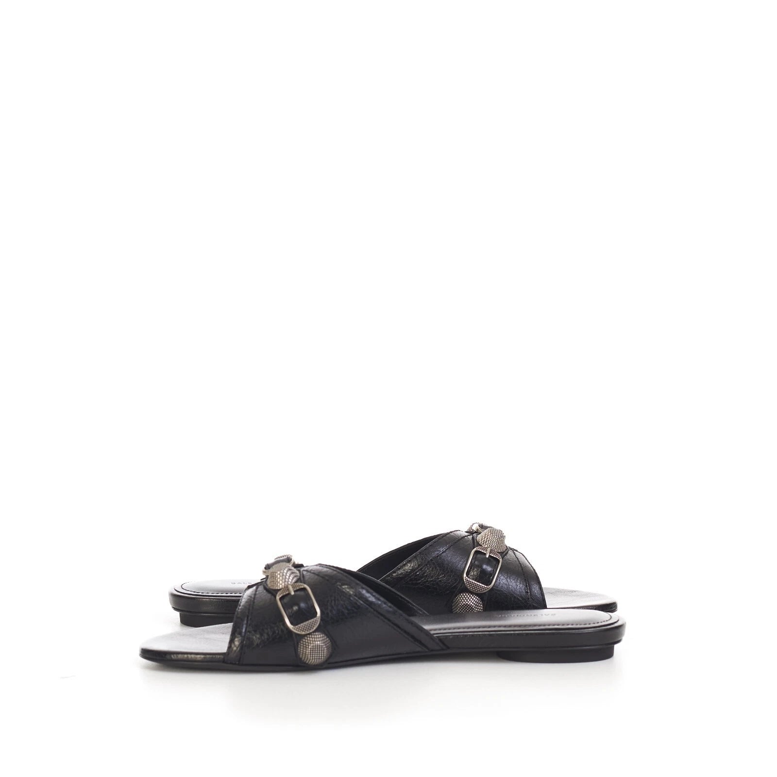 BALENCIAGA 750$ Cagole Slide Sandals - Arena, Studs, Black Leather
