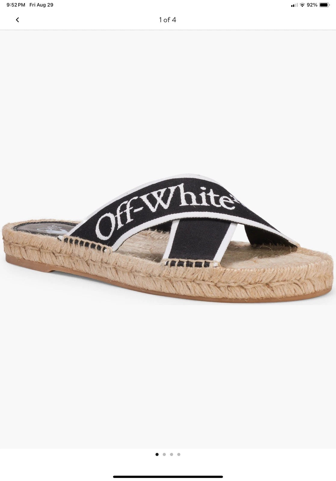 Off-White Black & White Logo Cross Strap Espadrille Slide Sandal Size Us8 Eu38