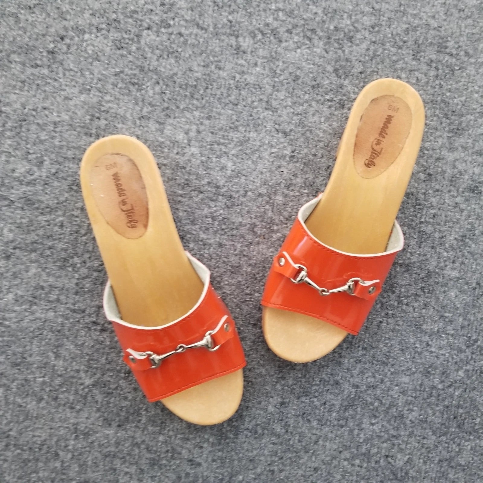 Made in Italy Women Clogs Size US 6M Orange Open Toe Wooden Look Silver Buckle*