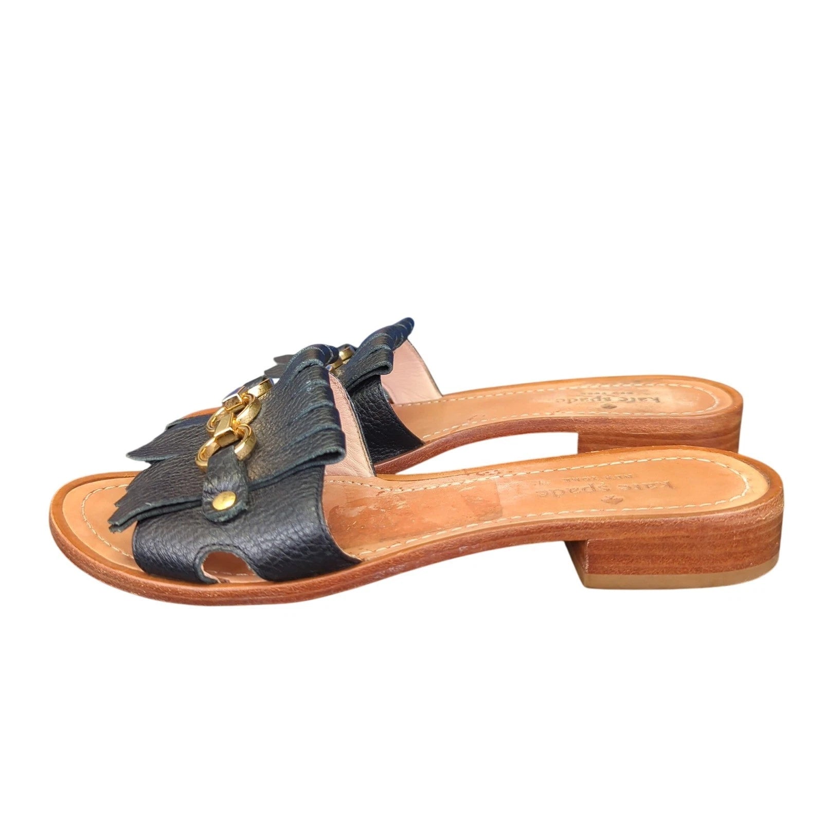 Kate Spade Brie Slide Sandals Black Leather Fringe Chain Size 6.5M Casual