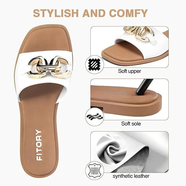 Women Flat Sandals Fashion Slides With Soft Leather Slippers for Summer Size 10
