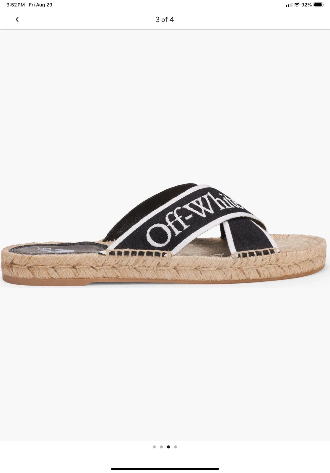 Off-White Black & White Logo Cross Strap Espadrille Slide Sandal Size Us8 Eu38