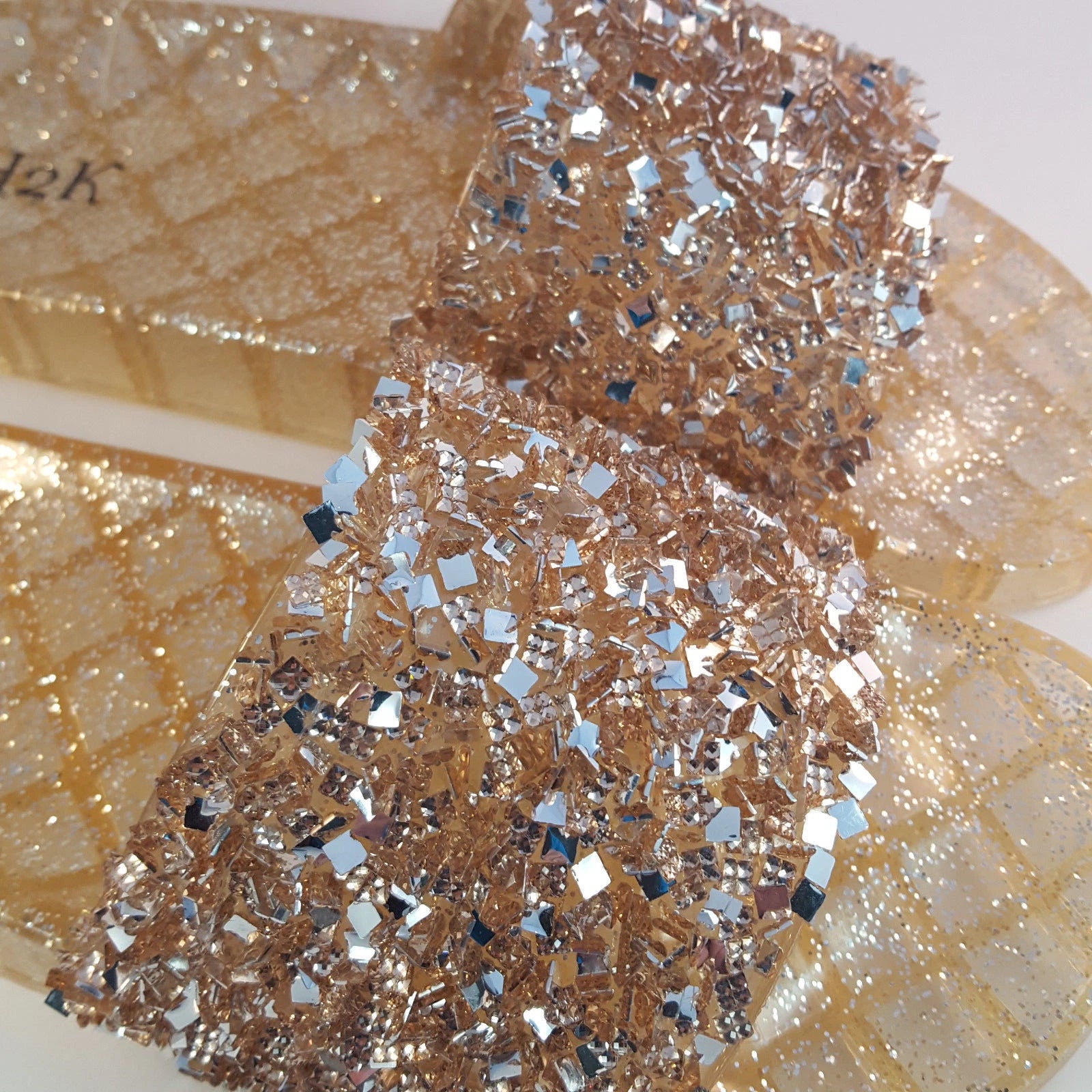 H2K CANDY Rose Gold Color Glitter Beads Fashion Slides Flip Flops Sandals Bling