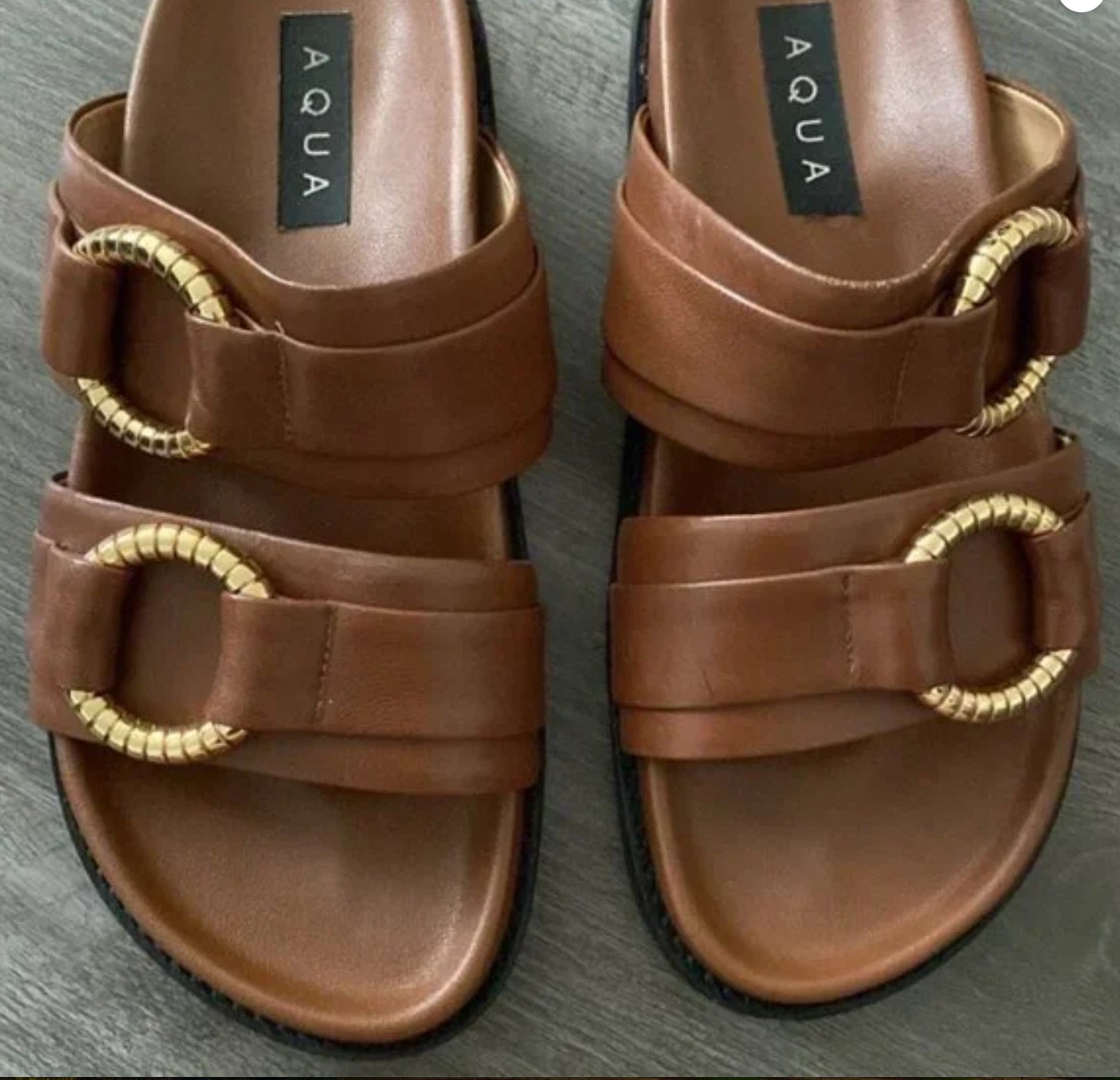 Aqua Bloomingdales Leather Arizona Style Slides Womens 6.5 Brown Gold Black $128
