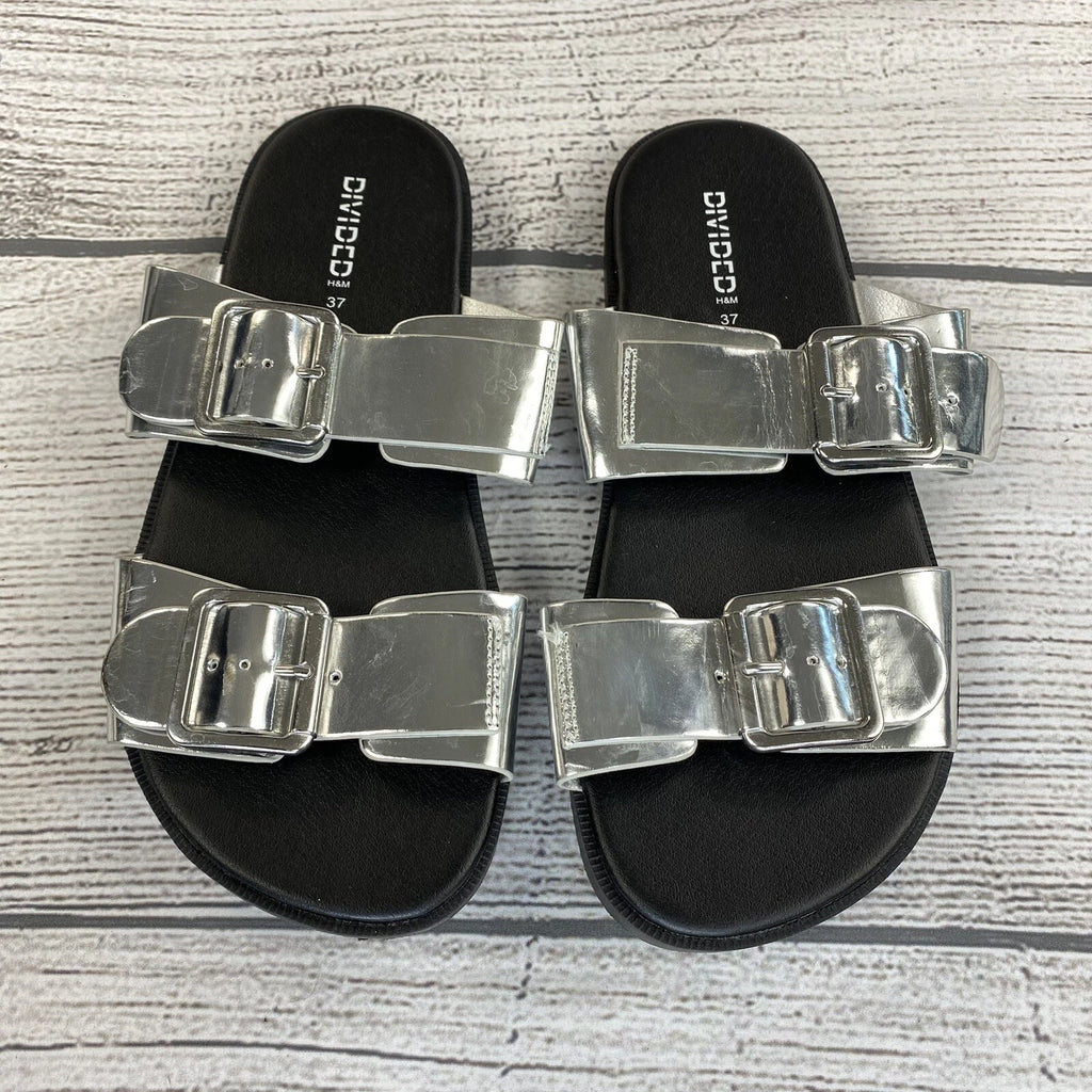 H&M Divided Slide Sandals Women Size 6.5 / 7 Buckle Silver Slip On Shoes NEW