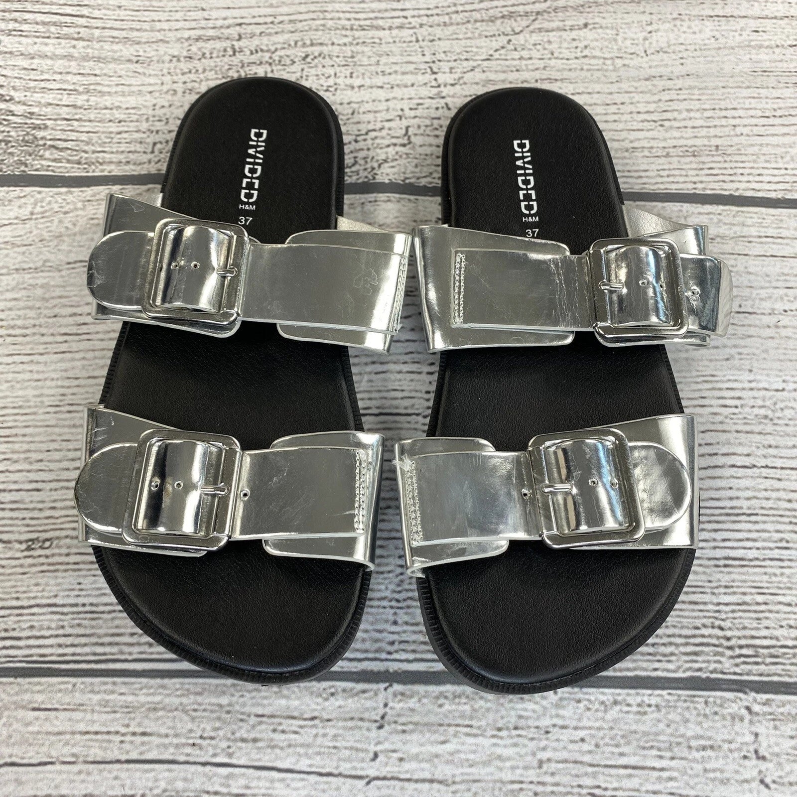 H&M Divided Slide Sandals Women Size 6.5 / 7 Buckle Silver Slip On Shoes NEW