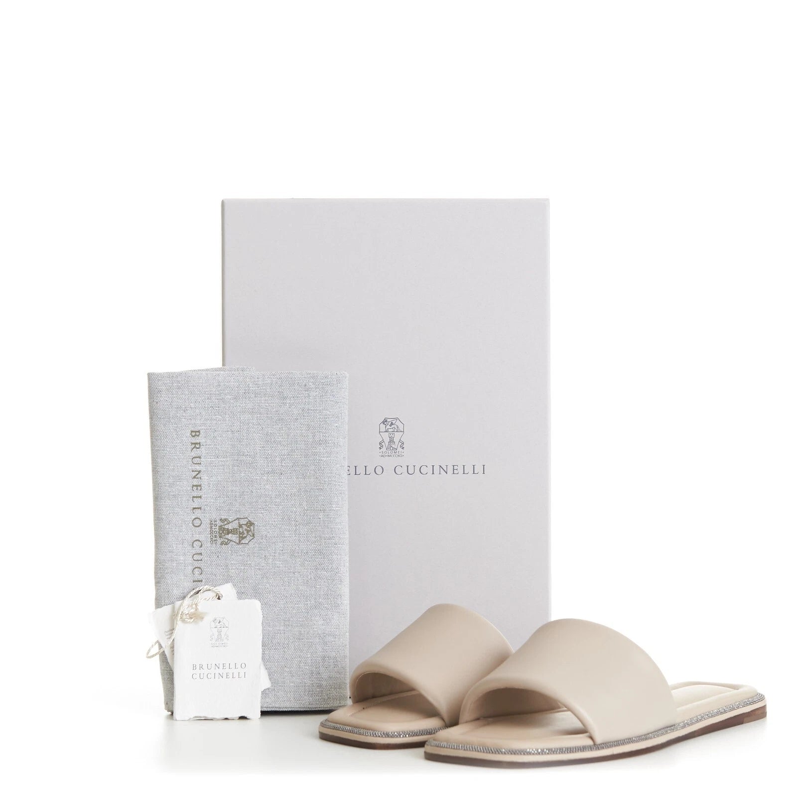 BRUNELLO CUCINELLI 895$ Slide Sandal - Sparkling Monili Trim Beige Leather Shoes