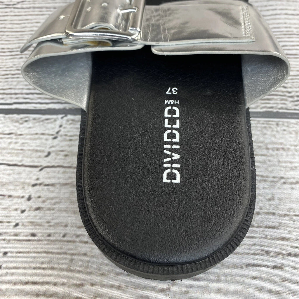 H&M Divided Slide Sandals Women Size 6.5 / 7 Buckle Silver Slip On Shoes NEW