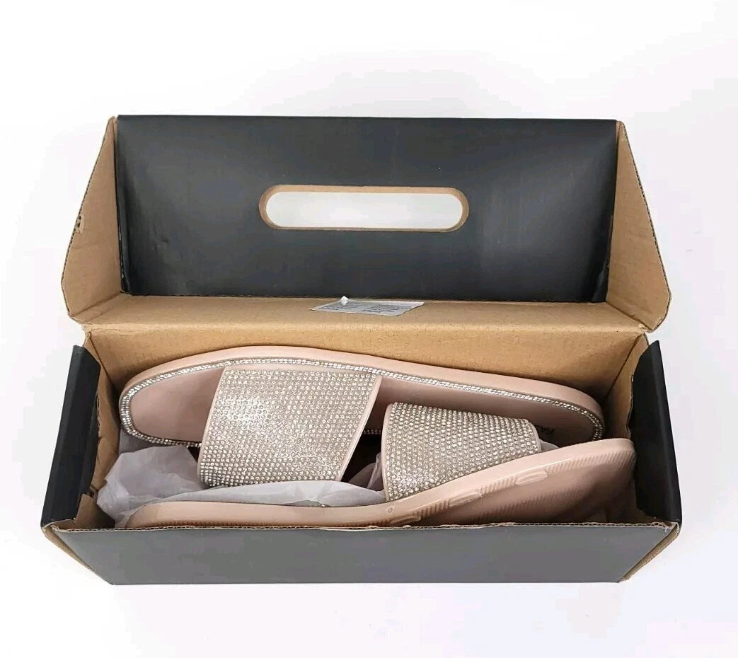 Fashion Nova Sandals Womens 10 w/ Box Flats Silver Rhinestones Slides Slip On