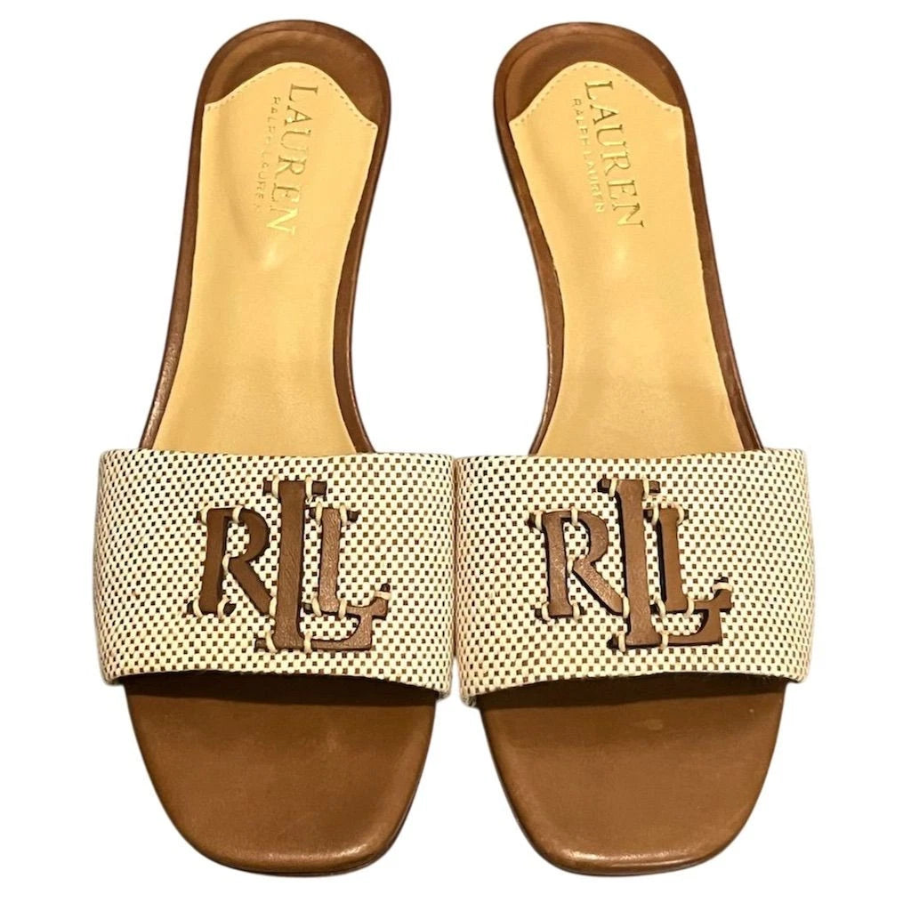 Lauren Ralph Lauren Women's Fay Leather Slide Sandals Brown 6 Preppy Summer